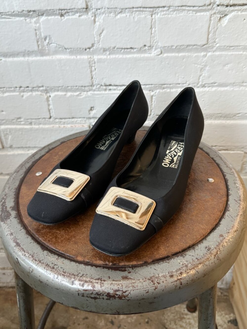 Salvatore Ferragamo Black Kitten Heel Pumps with Gold Signature Buckles Size 9.5